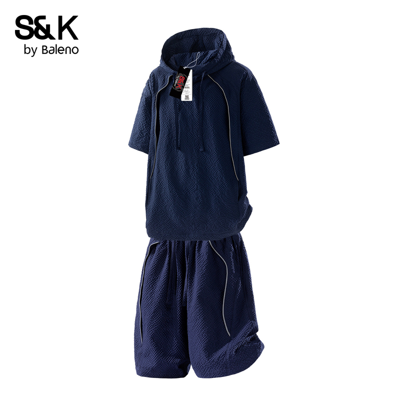 Baleno Navy Blue Bubble Plaid Loose Casual Sports Suit Men's Summer New Hooded Top