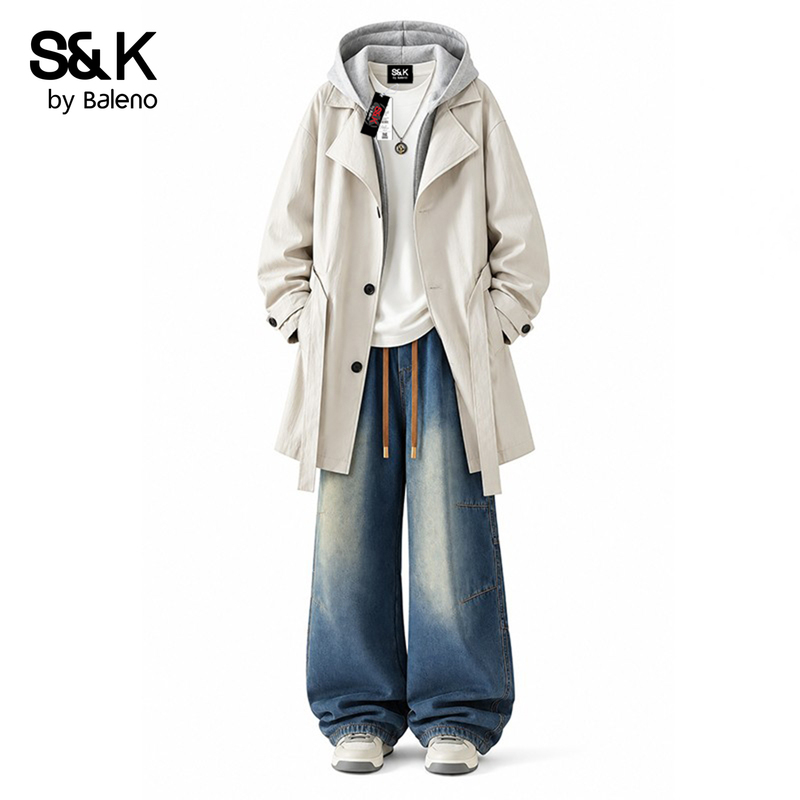 Baleno Spring and Autumn New Hooded Long-Sleeve Color-Block Jacket Men's Straight-Leg Denim Pants Fashion Set