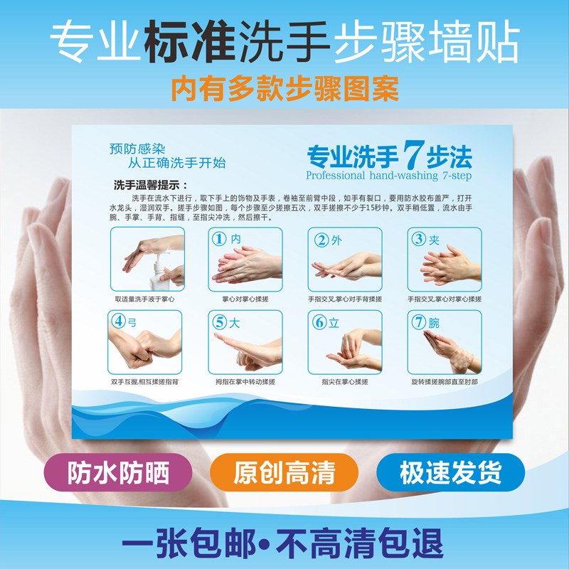 Hospital school kindergarten standard hand washing 6 steps 7 steps seven steps hand washing method wall sticker step waterproof sticker acrylic