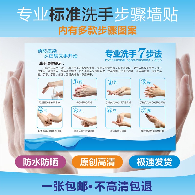 Hospital school kindergarten standard hand washing 6 steps 7 steps seven steps hand washing method wall sticker step waterproof sticker acrylic