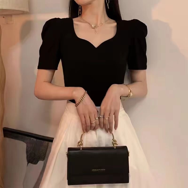 French Retro Black Puff Sleeve V-Neck Top for Women, New Summer Design, Niche Square Neck Short-Sleeve Regular Shoulder T-Shirt