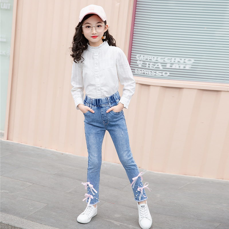 Cô gái denim quần dài mùa thu váy 2020 mới yang cơ thể điều chỉnh kích thước căng xà cạp nhỏ khí thời trang công chúa trẻ em vừa.