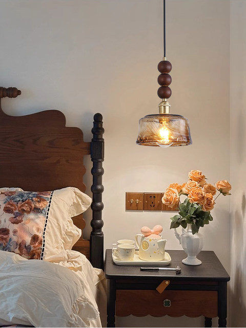 Medieval walnut bedroom bedside small chandelier wabi-sabi aesthetic amber brass glass restaurant bar single head