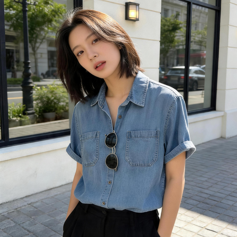 2026 New Style Tencel Denim Short-Sleeve Shirt with Loose Fit, Turn-Down Collar, Vintage Blue, Button Pockets, Top, Jacket, Cardigan 2026 New Style Tencel Denim Short-Sleeve Shirt with Loose Fit, Turn-Down Collar, Vintage Blue, Button Pockets, Top, Jacket, Cardigan
