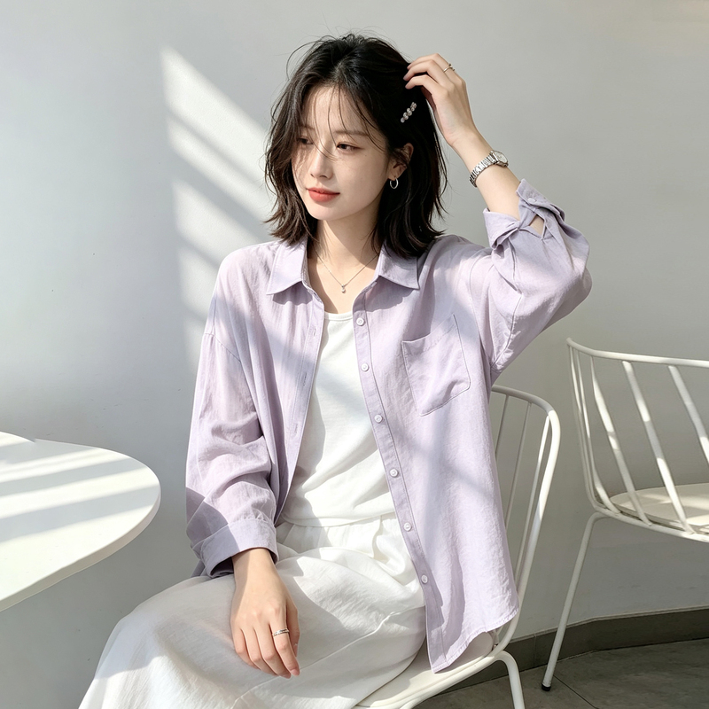Light Purple Old Money Style Linen Shirt for Women 2026 Summer New Casual Style Long-Sleeved Slimming Cardigan Top Jacket