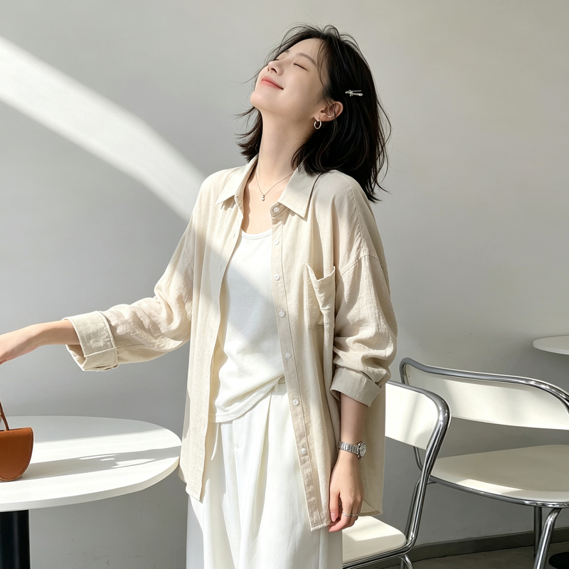 Japanese Minimalist Style Thin Lapel Loose Shirt for Women, Summer Thin Cotton and Linen Breathable Sun Protection Long-Sleeved Top