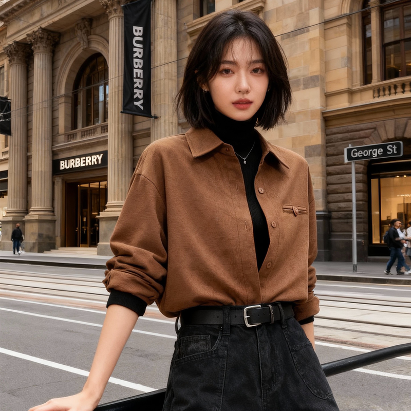 Brown Brushed Shirt for Women, New Autumn Style, Retro Loose Fit, Versatile Shirt, Suitable for Layering, Long-Sleeved Top