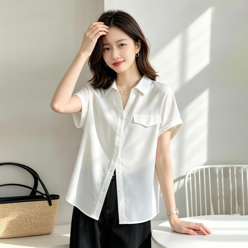 French-Style Gentle V-Neck Shirt 2026 White Batwing Sleeve Loose Fit Slimming Lightweight Short-Sleeve Outerwear Cardigan
