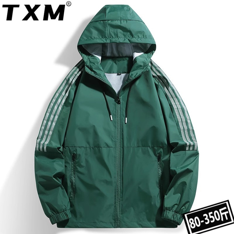 Sports Windbreaker for Men, Spring and Autumn Thin Casual Outdoor Jacket, Men's Plus Size Three-Stripe Hooded Coat