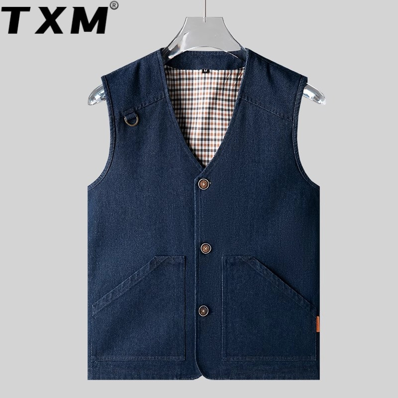 Men's Denim Vest for Spring and Autumn, Thin Style, Middle-Aged and Elderly, Pure Cotton, Washed Vest, Plus Size, Oversized Waistcoat Jacket
