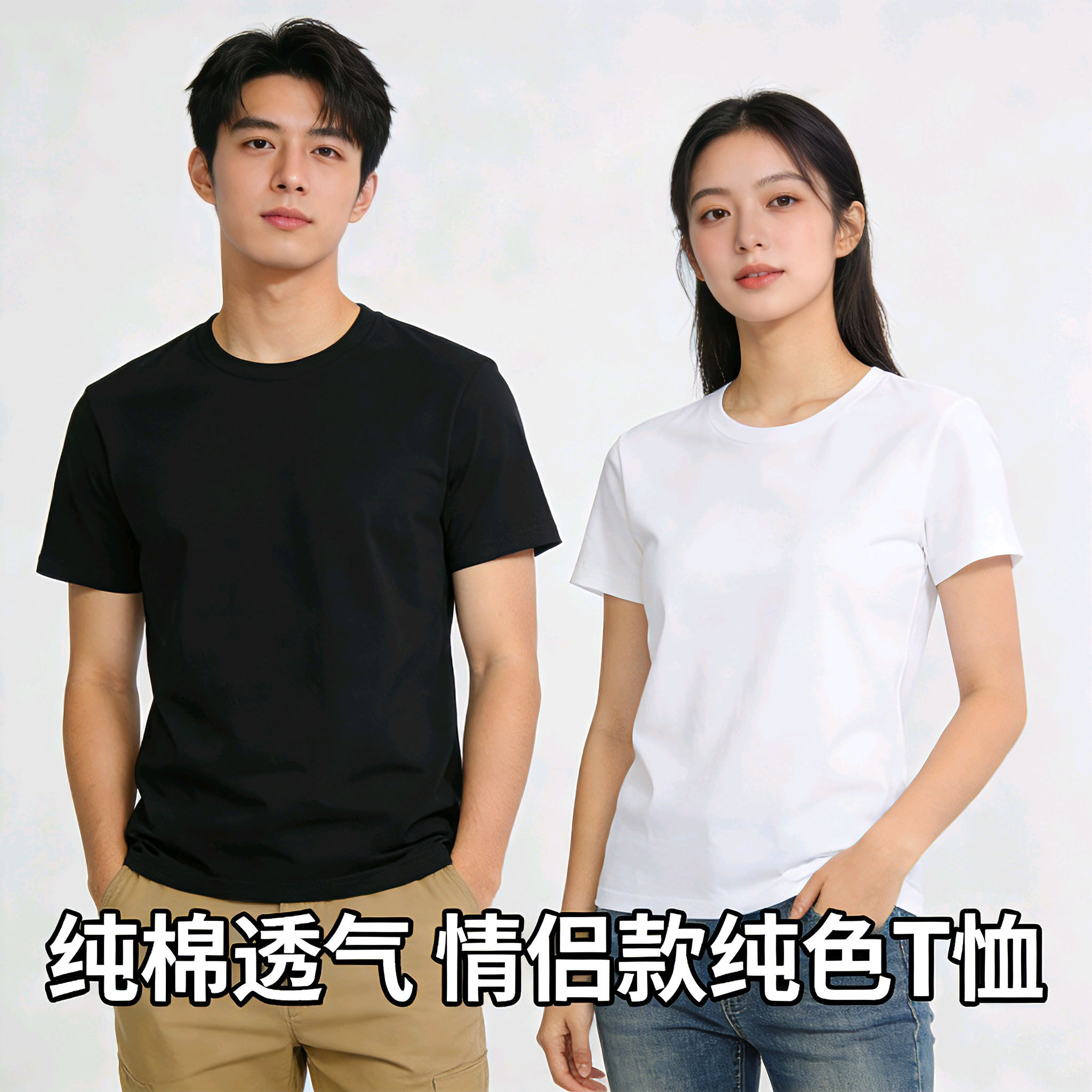 三本针重磅100%纯棉男女同款夏季短袖T恤女纯白色体恤衫美式白t