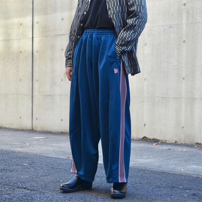 Needles Butterfly Embroidery Side Stripe Straight Wide-Leg Lantern Pants, Sporty Casual Plus-Size Pants