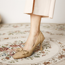 GAIAIER nude color little fragrant wind ~ 2022 new single shoe woman fine with shallow mouth genuine leather butterfly knot high heel shoes