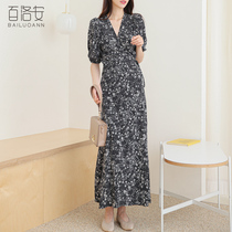 Bai Luoan floral dress female summer temperament elegant bubble sleeve V collar knee long skirt lace thin A- line dress