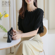 Bailuoan top womens simple Joker shirt summer new Korean fashion loose slim short sleeve lace shirt