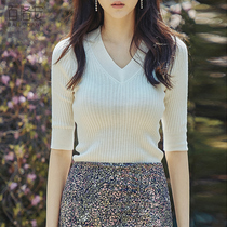 Bailuoan thin mid-sleeve knitwear womens summer new slim slim jumper solid color simple Joker top