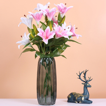 High branch lily simulation flower plastic flower fake flower plus glass vase flower arrangement bouquet living room table decoration flower decoration