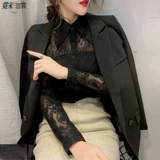 Кружевная шелковая приятная телу осенняя тонкая черная рубашка, коллекция 2023, в западном стиле