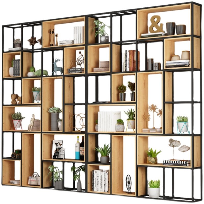 American industrial wind wood panel bookshelf landing partition office living room screen bookcase display frame