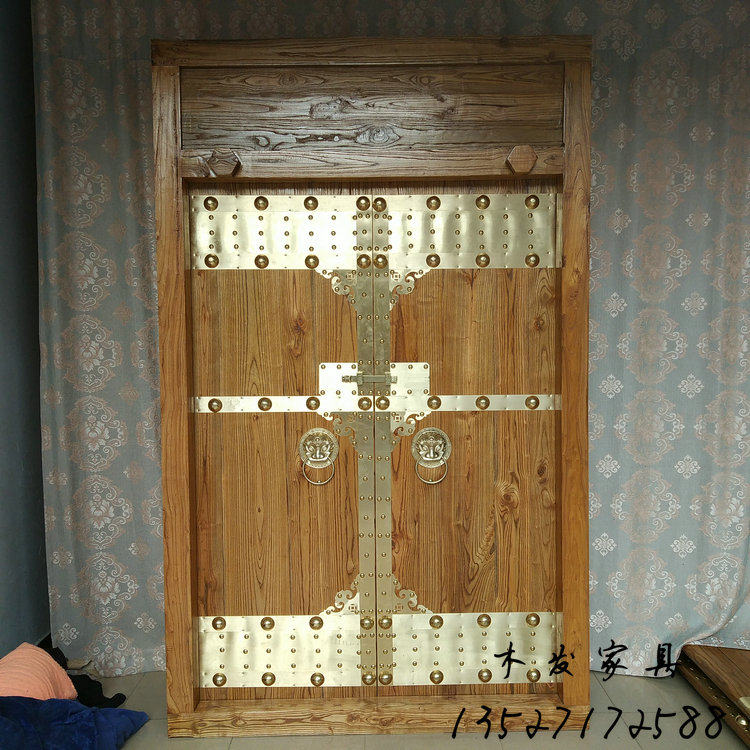 Antique solid wood door Chinese temple four-door old elm villa door simple entry double door