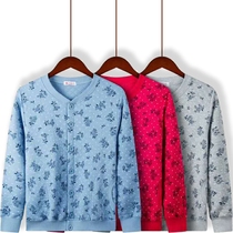 Middle-aged and elderly thermal underwear plus size tops for women spring and autumn pure cotton jacket style three-layer thickened autumn cardigan thin cotton coat