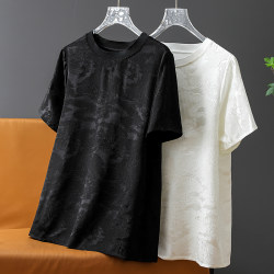 Stunning Chinese socialites! Silk mulberry silk Guangle satin round neck short-sleeved simple solid color shirt S13923