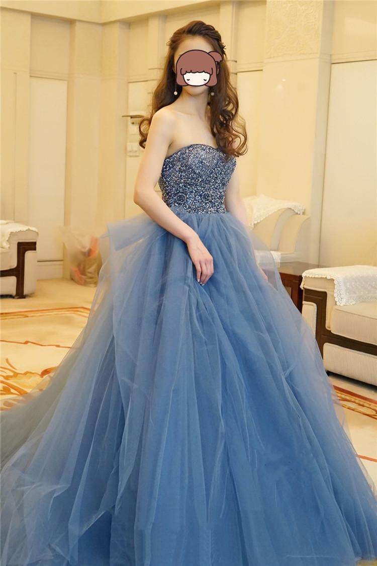 2021 New Blue - gray Hand Hand Night Dress Bride Married Toast Stage hosts high waist and thin breast