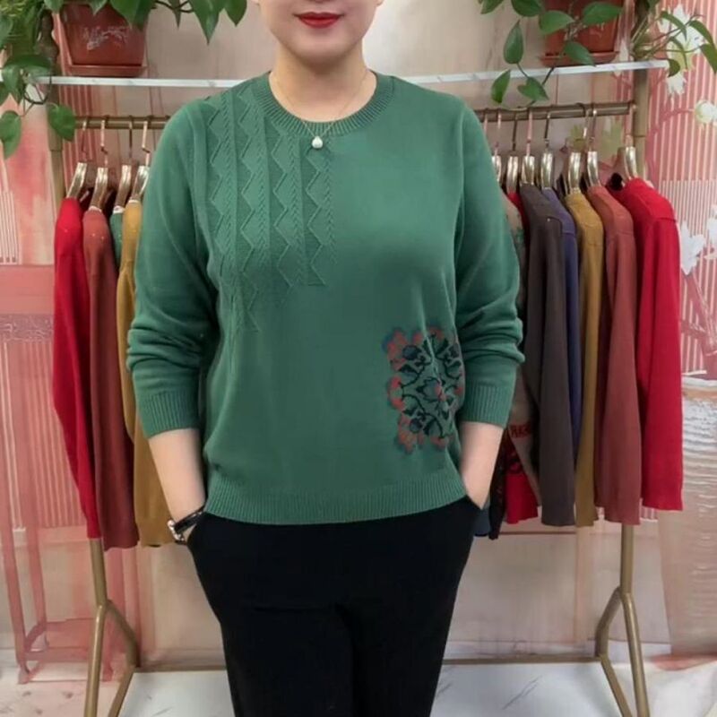 Casual Long-Sleeved Loose Slimming Short Low Round Neck Middle-Aged and Elderly Women's Printed Base Knitted Cotton Sweater