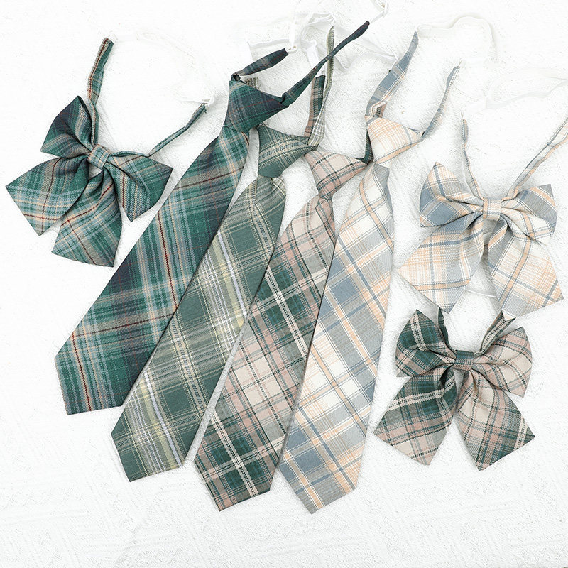 JK green plaid retro striped dark green Japanese style lazy person no tie women's graduation gown bow tie college style men's fashion