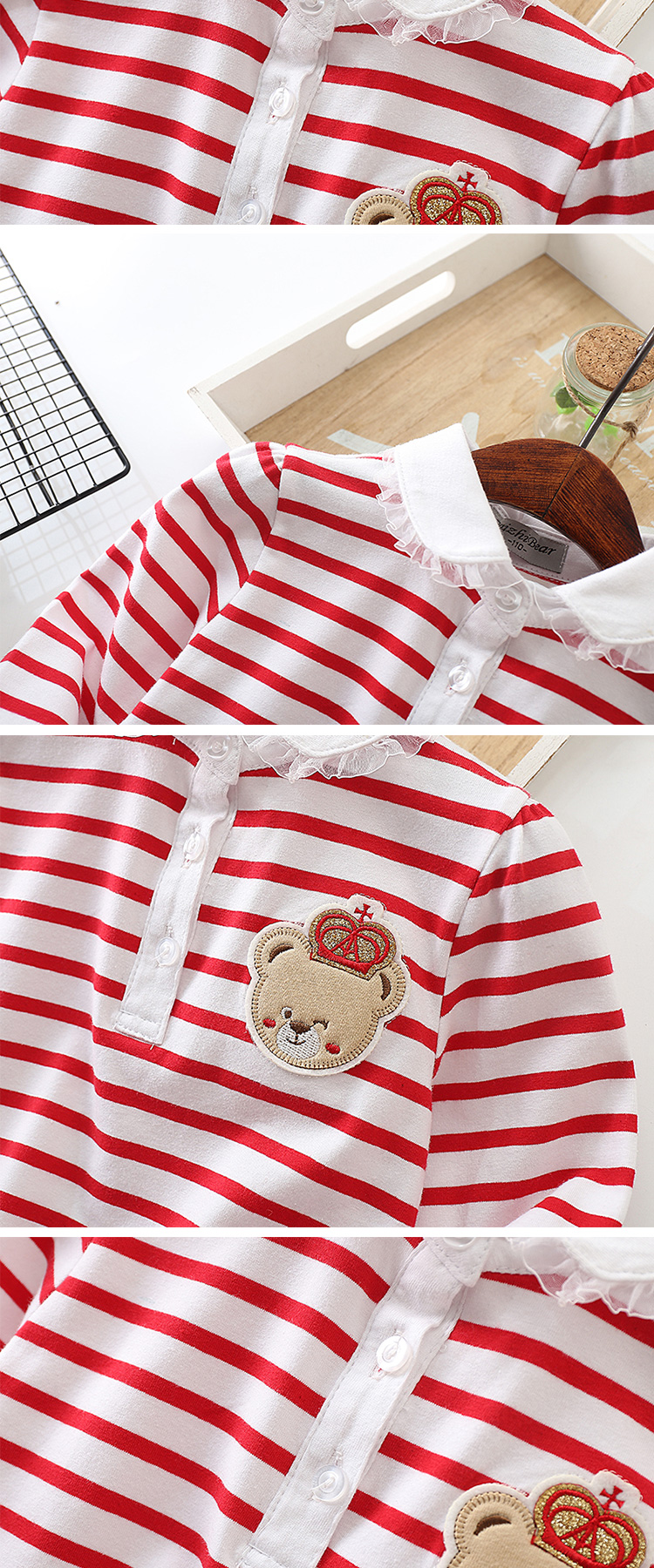 2018 phiên bản Hàn Quốc của mùa thu mới quần áo cô gái sọc đáy áo gấu bé trai cotton dài tay áo thun áo phông không cổ bé trai