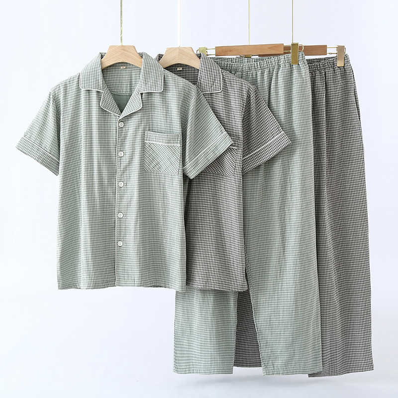 Casual Japanese Style Loose-Fitting Summer Men's Pure Cotton Gauze Pajamas That Can Be Worn Outside, Thin Short-Sleeved Long Pants, Spring & Fall Home Clothes