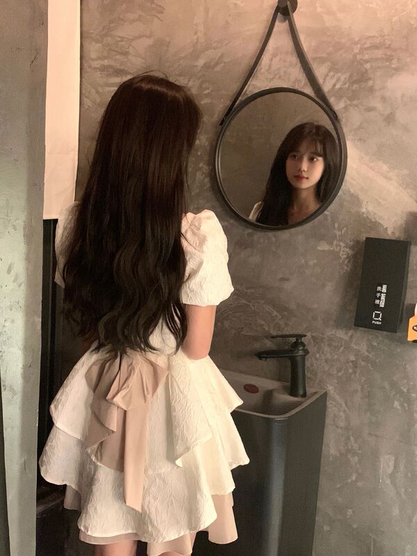 French-Style Bow Dress for Women, Summer High-End Elegant Princess Tutu Skirt, Waist-Cinching, Slimming, Short Skirt for Petite Figures