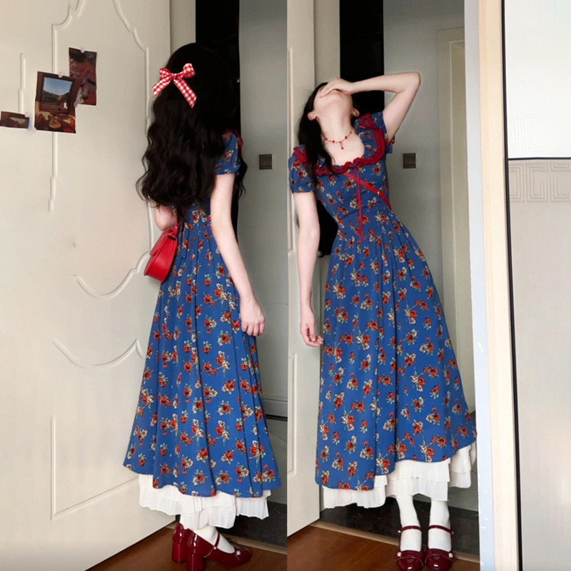 Tea Break French-Style Blue Floral Dress for Women, Summer 2026 New Model, High-End, Elegant, Stunning, Waist-Cinching Long Dress Tea Break French-Style Blue Floral Dress for Women, Summer 2026 New Model, High-End, Elegant, Stunning, Waist-Cinching Long Dress