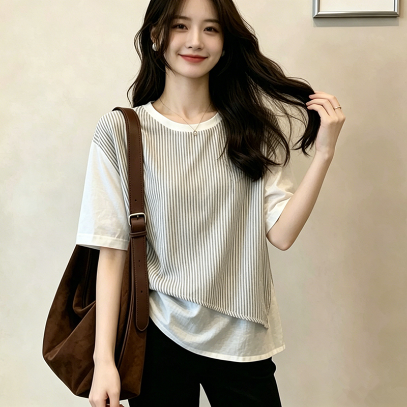 Plus Size Women's Summer Clothing, Unique Irregular Tencel Cotton Short-Sleeved Shirt That Covers the Body, Feminine Fake Two-Piece Loose Top