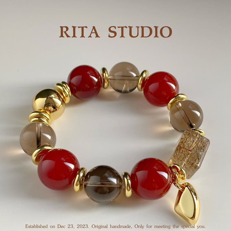 Natural Red Agate Bracelet, Black Gold Super Seven Tea Crystal Bracelet for Women, Good Luck Gift for the Year of Birth, Gift for Best Friend