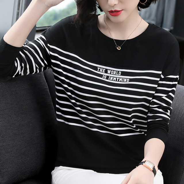 Long-sleeved t-shirt women's 2023 early spring new middle-aged mother spring dress foreign style cotton striped bottoming shirt small shirt