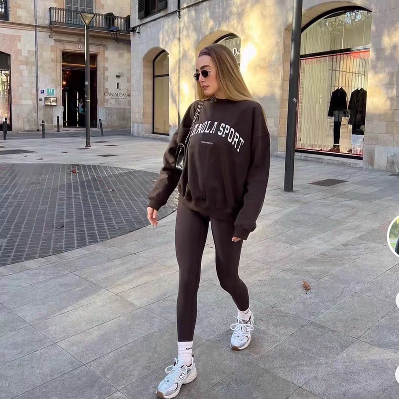 European and American Style Sports Fitness Adanola Letter Loose Cotton Sweatshirt for Women, Spring and Autumn Drop Shoulder Top ins Coffee Color