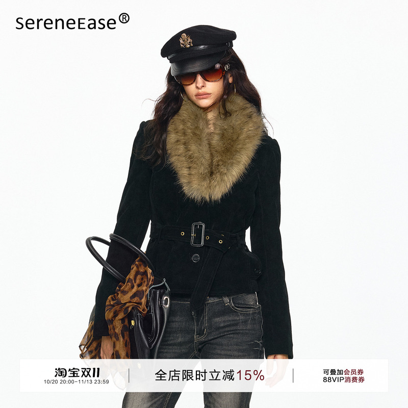 Sereneease* Modern Retro Large Fur Collar Belt Warm Slim Fit Slimming Suede Short Jacket for Women