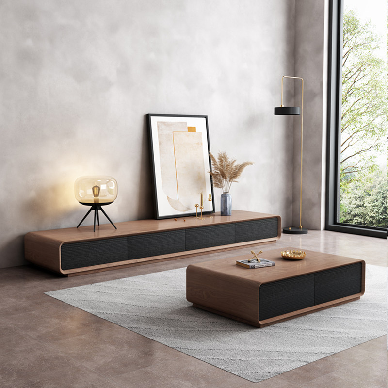 Nordic TV cabinet coffee table combination simple modern black wood furniture small apartment type living room TV cabinet low cabinet