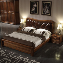 New Chinese genuine leather full solid wood bedroom furniture 1 8 m air pressure high box storage large wedding bed 1 5 black walnuts wood bed