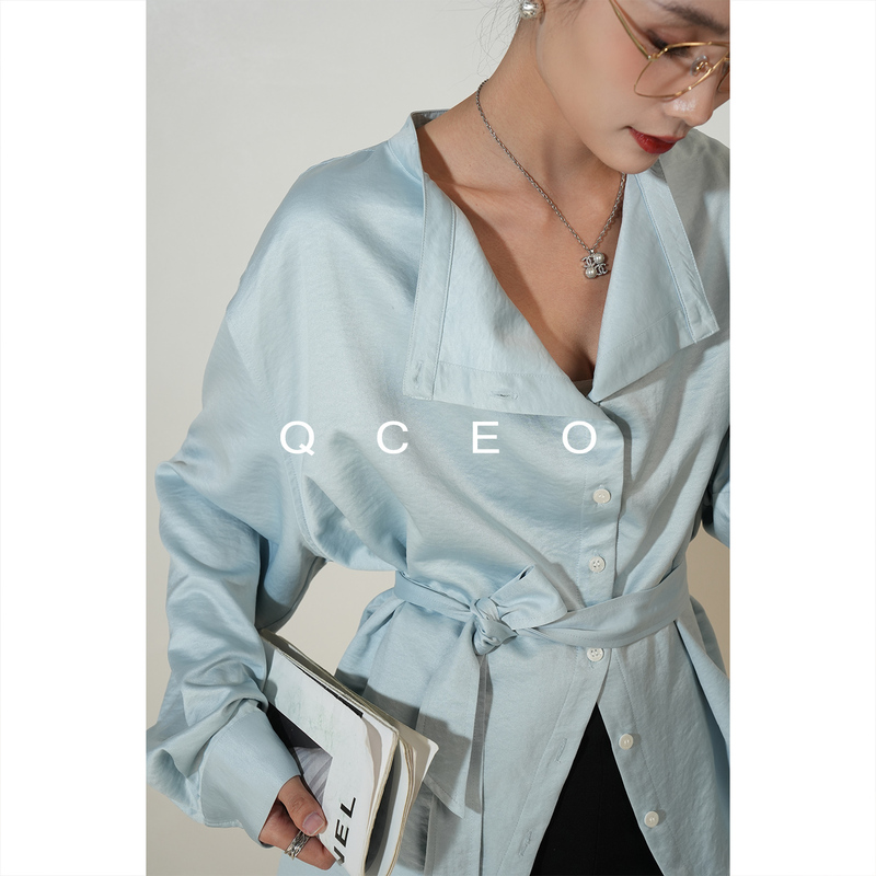 Qceo/One Garment, Multiple Styles! Loose-Fitting Satin Shirt with a Draped Collar, Tie, and Pleats, New Chinese-Style Top for Women in Autumn