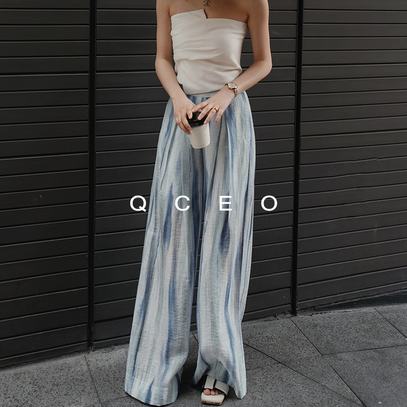 Qceo Gradient Print Pleated Drape Wide-Leg Pants, Cool and Slimming, Tencel Linen Yarn, Sun-Protective, Floor-Length Pants for Women, Summer