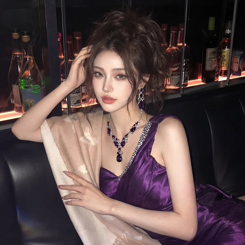 European and American Luxury Purple Clavicle Chain Earring Set, Vintage Versatile Style, Elegant Accessories for Formal Dresses and Banquets