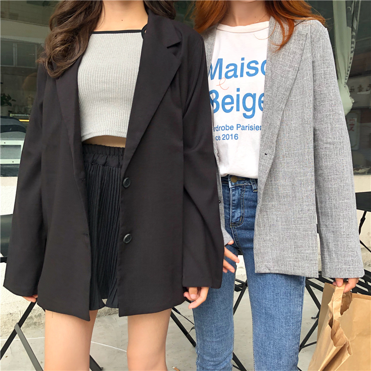 Mùa thu mới của phụ nữ phiên bản Hàn Quốc của sinh viên hoang dã sang trọng lỏng lẻo áo khoác kẻ sọc màu rắn retro đồ công sở nữ