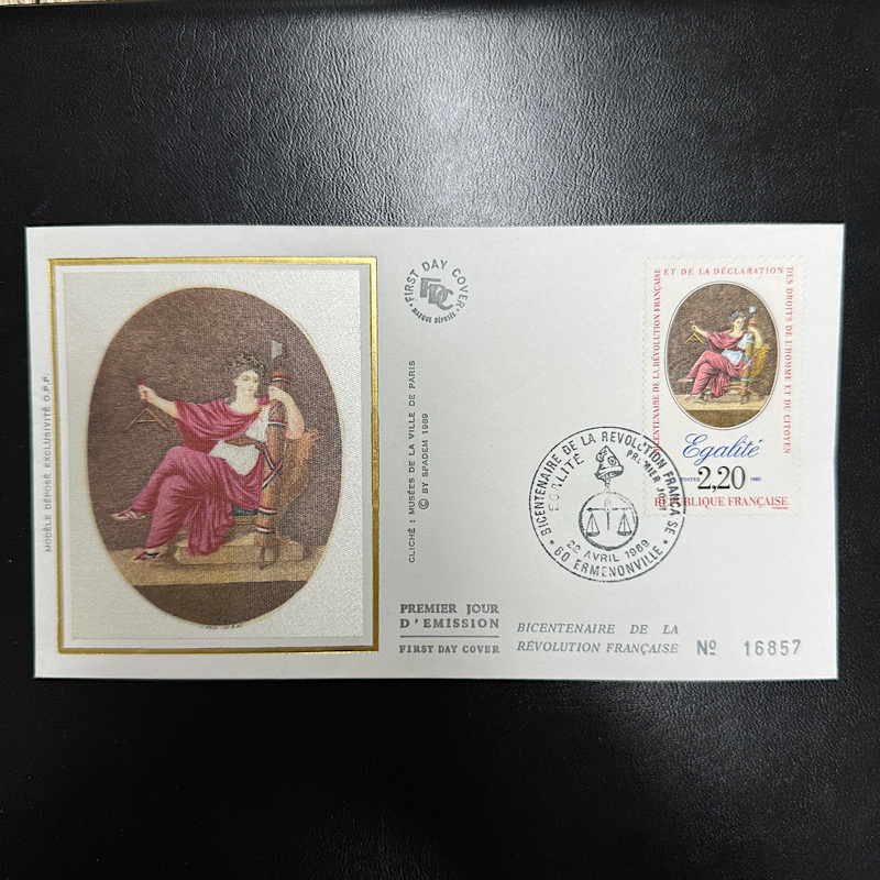 France's 200Th Anniversary of the French Revolution in 1989, the Goddess of Liberty, Equality, and Fraternity Silk First-Day Cover 17-1