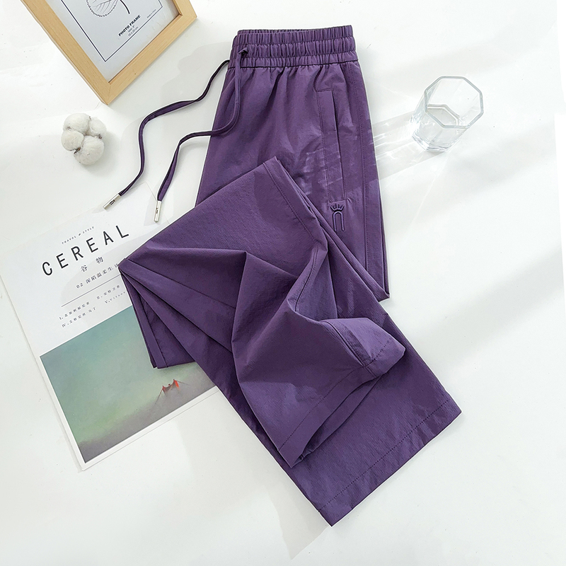 High-End Purple Straight-Leg Sports Pants for Women, Summer Thin Ice Silk Pants, Loose High-Waisted Breathable Casual Pants, Outdoor Mosquito-Proof