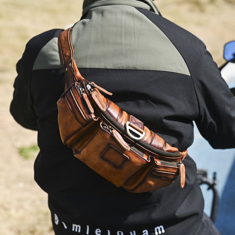 Vintage Genuine Leather Men's Crossbody Bag Vegetable-Tanned First Layer Cowhide Chest Bag Cycling Travel Bag Multifunctional iPad Shoulder Bag