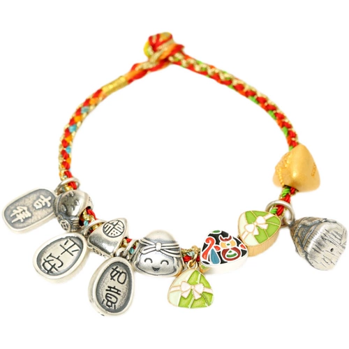 S925, ретро красочный браслет из красной нити, бусины, подвеска, аксессуары, серебро 925 пробы