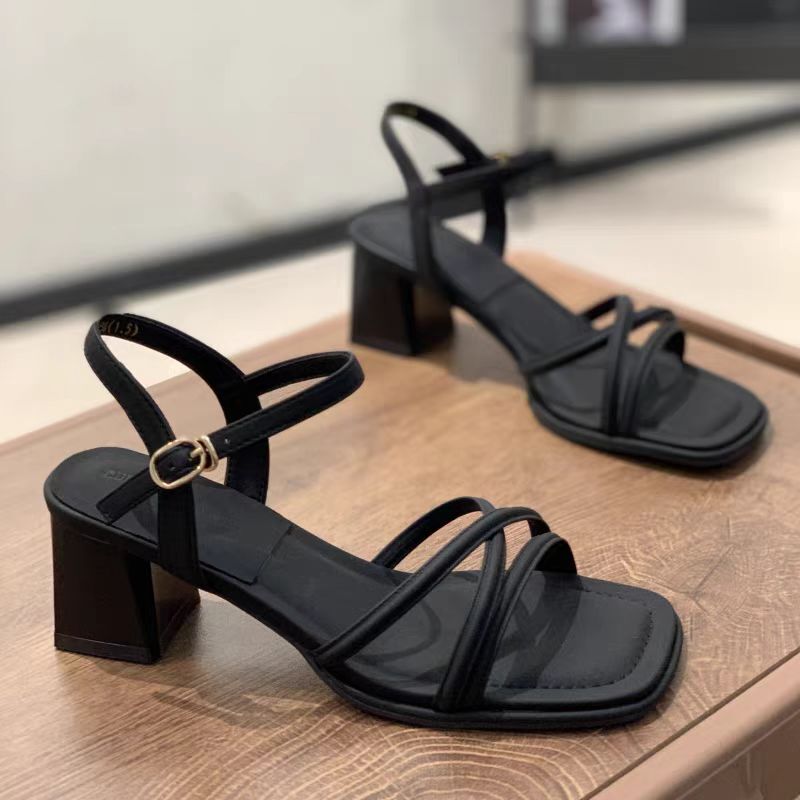 Chunky Heel Fairy-Style Sandals for Women, 2025 Summer Fashion, Mid-Heel, Single Strap, French Style, Open-Toe High Heels