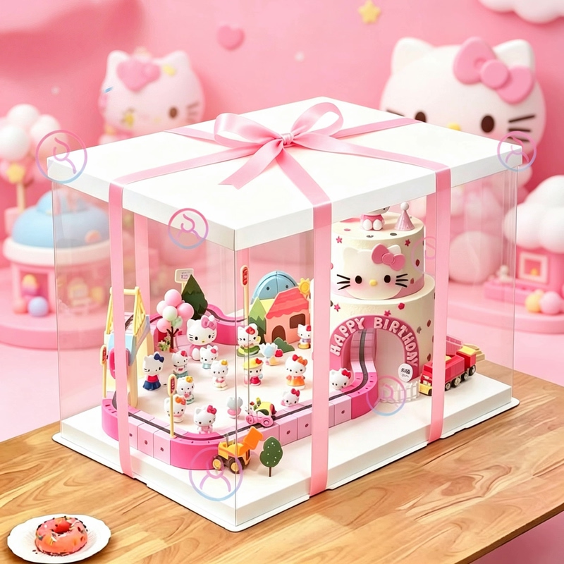 Heightened Transparent Cake Box Girl Kitten Train Bridge Track Tunnel Cave Decoration Birthday Packaging Gift Box